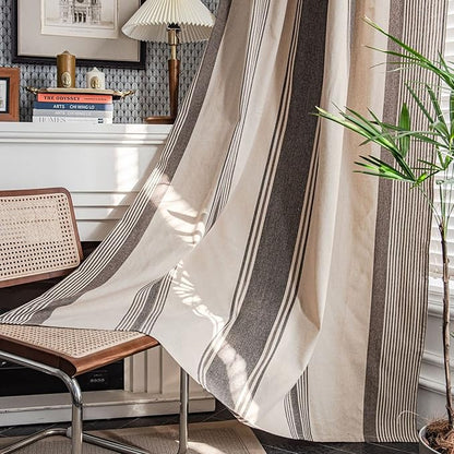 Huesland Cotton Curtains for Door, 7 Feet Long 1 Bohemian Eyelet Curtain | Beige & Grey Stripes