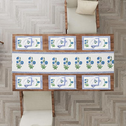 Blocks Of India Hand Block Printed Cotton Table Runner Mat and Napkin Blue Buta