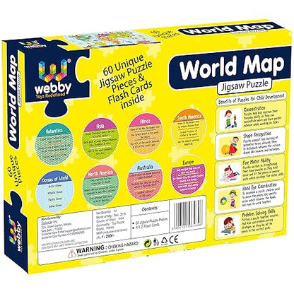 Webby Amazing World Map Jigsaw Floor Puzzle 60 Pcs with 4 Double Sided Flashcards