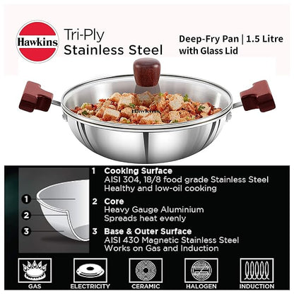 Hawkins 1.5 Litre Deep Fry Pan Triply Stainless Steel Kadai with Glass Lid