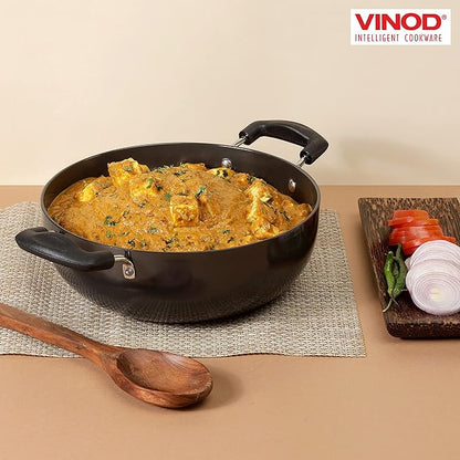 Vinod Black Pearl Hard Anodised Deep Kadai With Glass Lid 2.1 Litres Capacity | 20 Cm Diameter | With Riveted Sturdy Handles | 3.25 Mm Thickness | Black