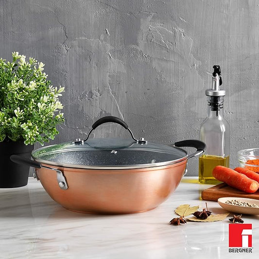 Bergner Infinity Chefs Forged Aluminium Non-stick Kadai With Glass Lid | 28 Cm, 3.3 Litres, Induction Base, Copper |