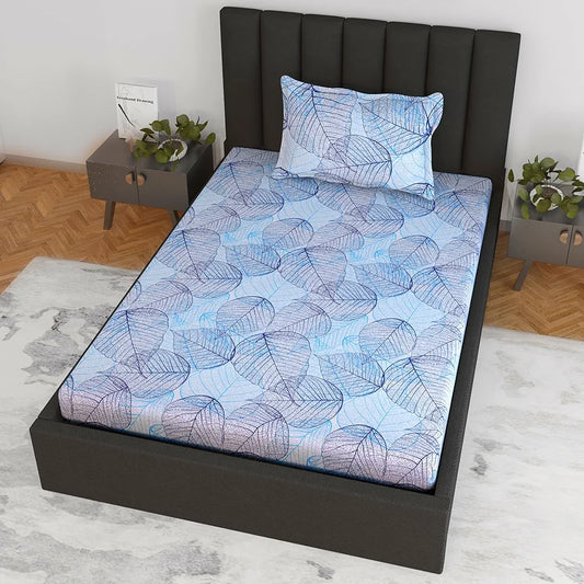 Divine Casa 144 TC Cotton Fitted Bedsheet for Single Bed 100% Cotton Floral Blue with 1 Pillow Cover Colour Iris Blue