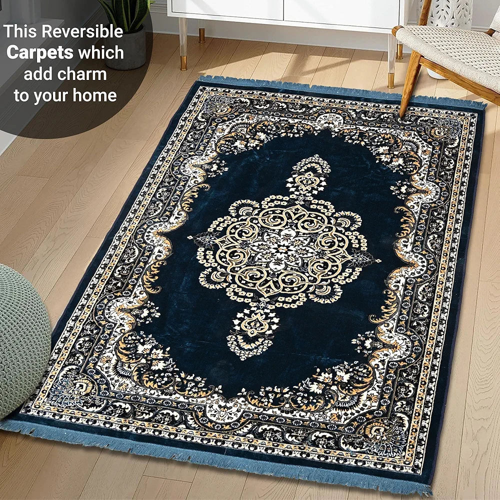 Kuber Industries 5x7 Feet Carpets for Living Room Machine Washable Bedside Floor Rugs Premium Mat Navy & Sea Blue