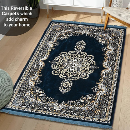 Kuber Industries 5x7 Feet Carpets for Living Room Machine Washable Bedside Floor Rugs Premium Mat Navy & Sea Blue