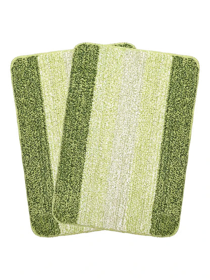 Saral Home Microfiber Striped Rectangle Shaped Anti-Skid Bath Mats Colour Green (Pack of 2)