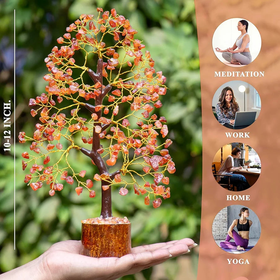 HindCraft Carnelian Chakra Crystal Tree Good Luck Golden Wire 10-12 inch