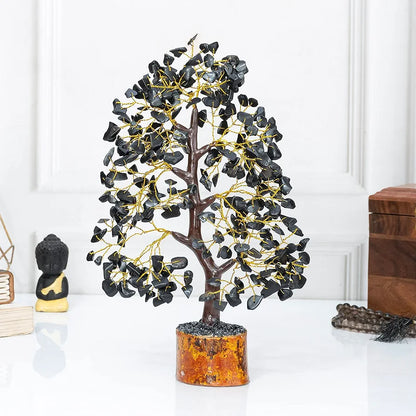 Hindcraft Black Tourmaline Crystal Tree Golden Wire 10-12 inch