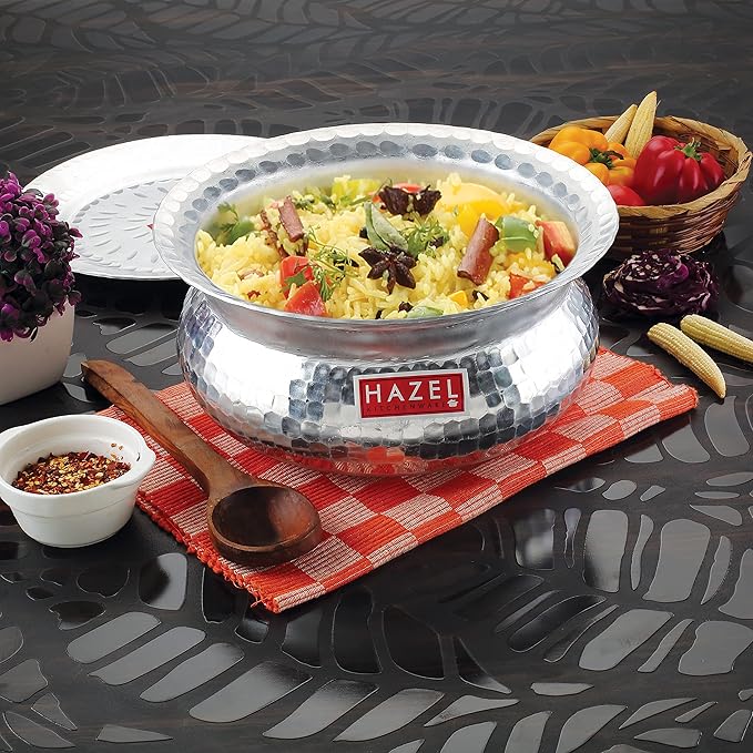Hazel Aluminium Hammered Finish Handi with Lid Biryani Rice Cooking Pot Gol 26.5 cm 4900 Ml