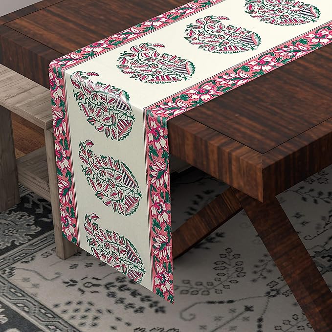 Blocks Of India Hand Block Printed Cotton Table Runner For Center Dining Table Pink & Peach Paisley Large