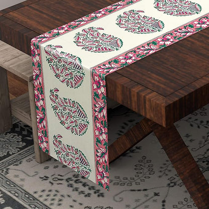 Blocks Of India Hand Block Printed Cotton Table Runner For Center Dining Table Pink & Peach Paisley Large