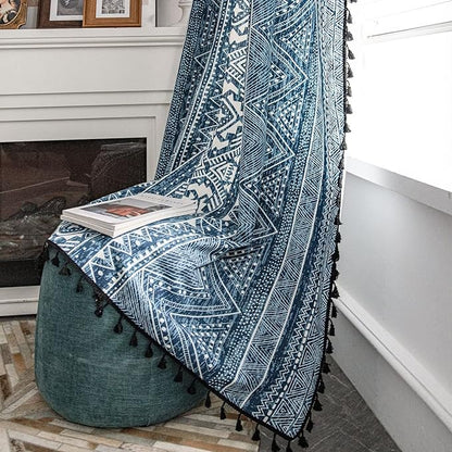 Huesland Cotton Curtains for Windows, 5 Feet Long 1 Bohemian Eyelet Curtain | Tribal Style Blue