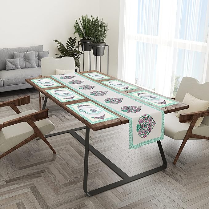 Blocks Of India Cotton Hand Block Printed Table Runner for Center Dining Table Runner Napkin Set 8