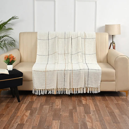 Sashaa World Natural Multi Grid Patterned Handwoven Cotton Throw Colour Natural/Multi
