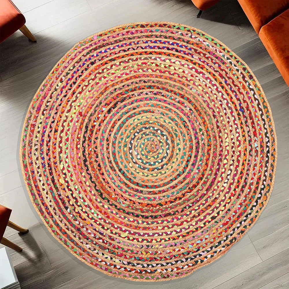 Kuber Industries 4x4 Feet Satranji Doubling Round Jute Rug & Carpet for Home & Bedroom Lines Pink