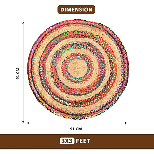 Kuber Industries Satranji Round Jute Rug & Carpet for Home & Bedroom Stripes Pink