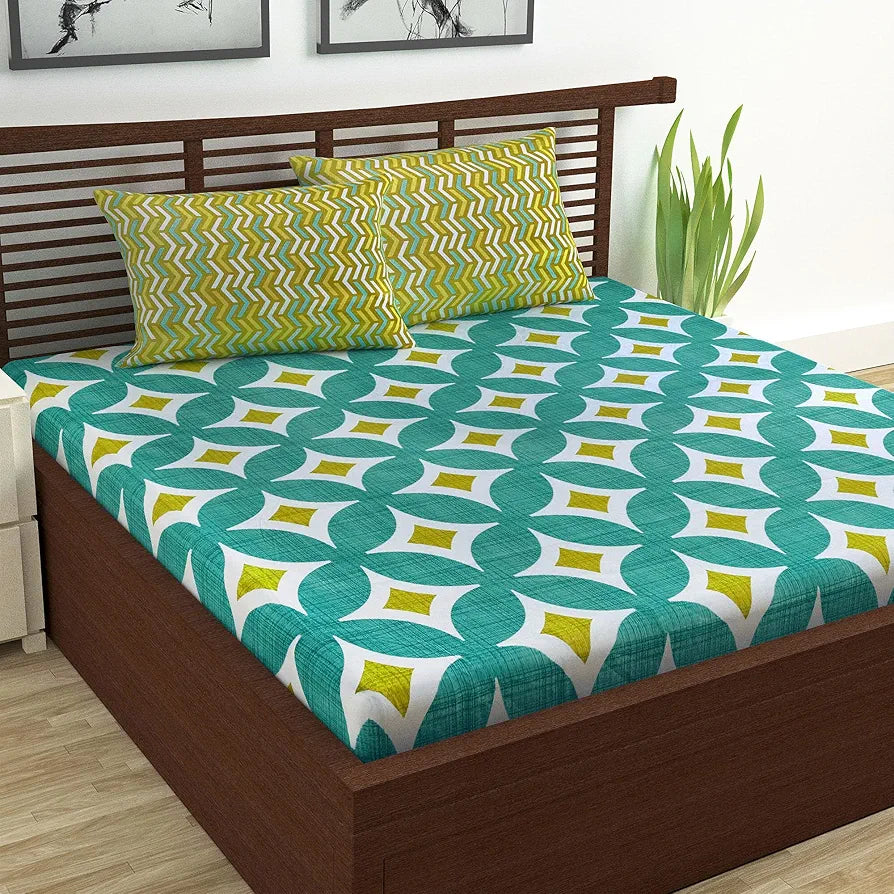 Divine Casa Double Size Bedsheet for Double Bed, 144 TC Pure Cotton Queen Size with 2 Pillow Covers Geometric Colour Emerald Olive