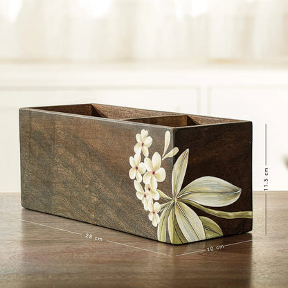 Ellementry Frangipani Wooden Cutlery Holder | Premium Spoon Knife Fork Stand | Handcrafted