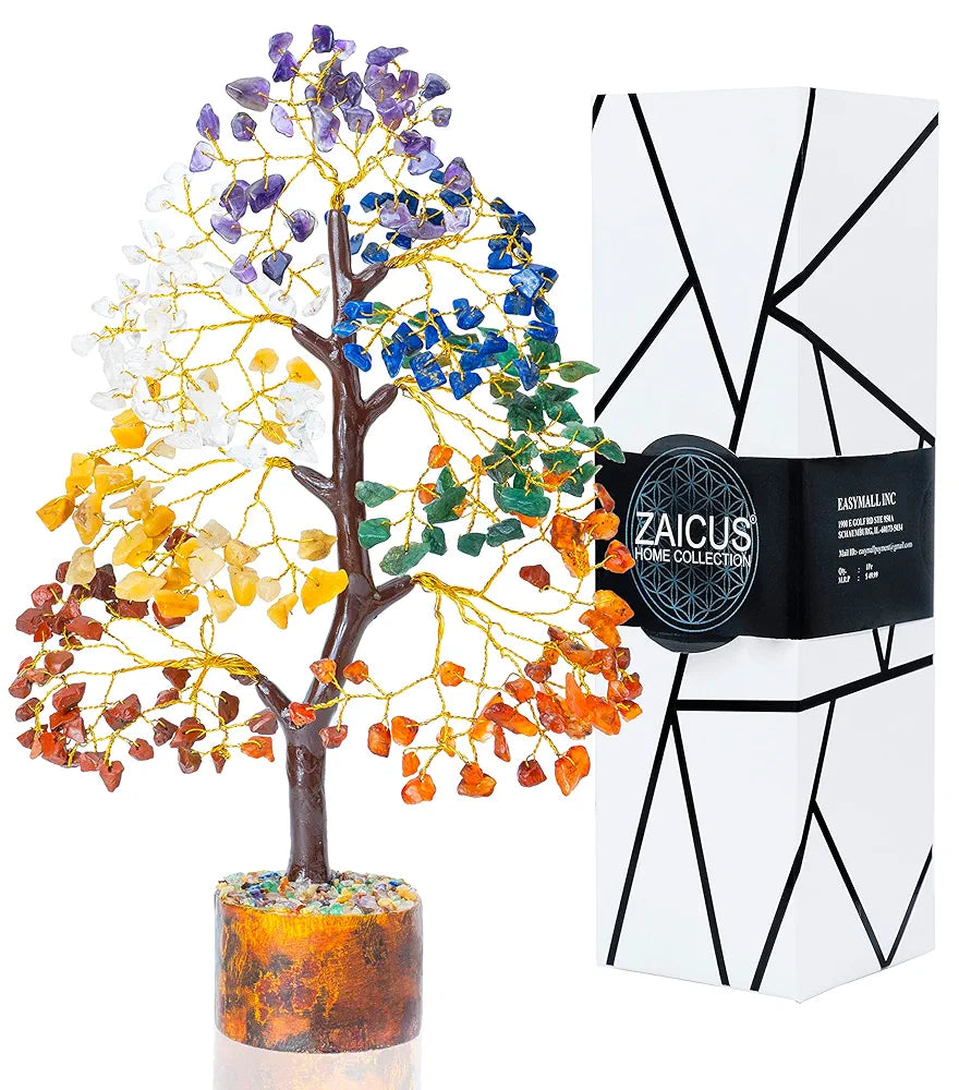 Zaicus Seven Chakra Crystal Tree of Life Stone Fortune Feng Shui Bonsai Golden Wire 10-12 Inch