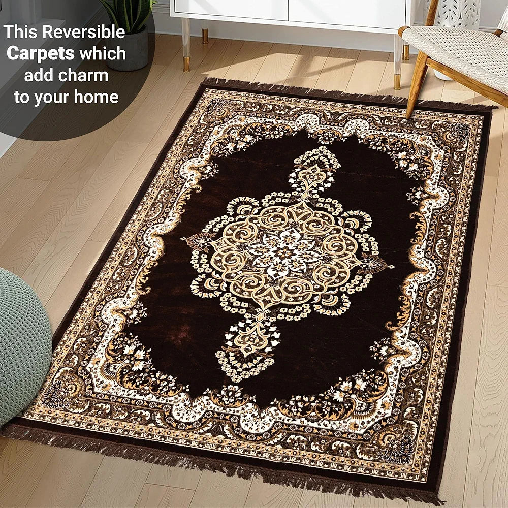 Kuber Industries 5x7 Feet Carpets for Living Room Machine Washable Bedside Floor Rugs Mat for Bedroom Floral Print Premium Cream & Brown