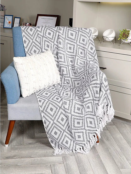 Sashaa World Woven Diamond Pattern Throw Blanket Colour Grey