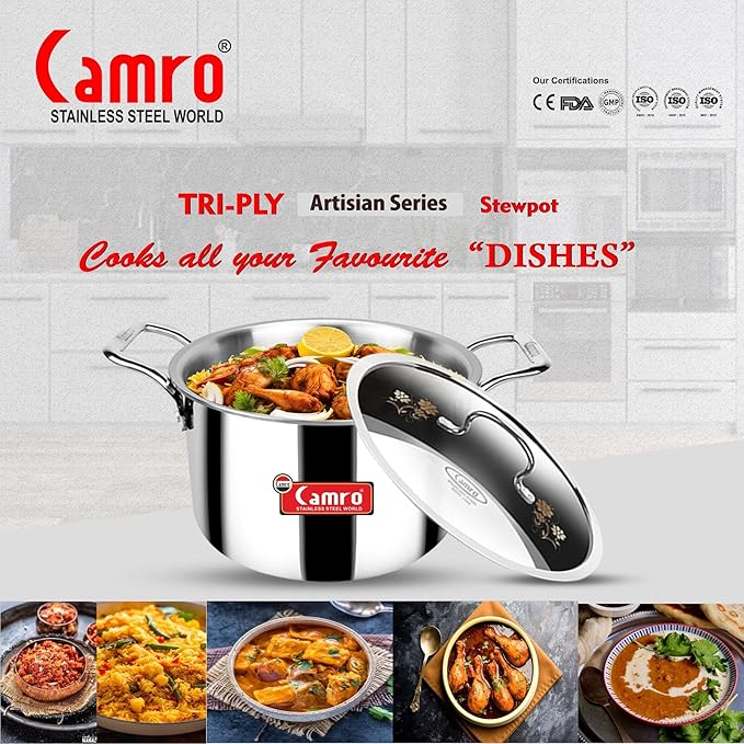 Camro Triply Artisian Serving Pot with Lid 15 No 3.6 Liters Induction Friendly Dishwasher Safe