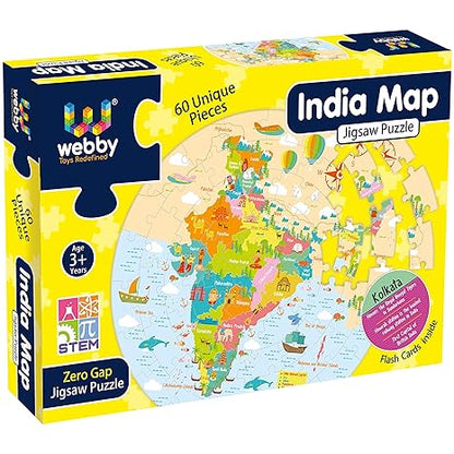 Webby Amazing India Map Jigsaw Floor Puzzle 60 Pcs with 4 Double Sided Flashcards
