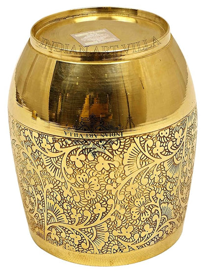 Indian Art Villa Embossed Flower Design Brass Glass Tumbler Cup - 164 gms