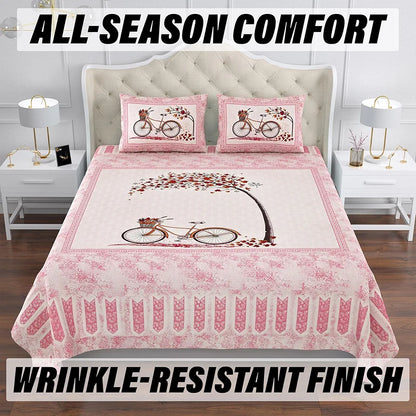 Kuber Industries Double Bedsheet with 2 Pillow Covers 160 TC Premium Cotton Photo Frame Cycle Pink