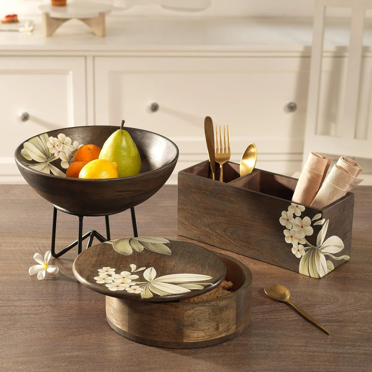 Ellementry Frangipani Wooden Cutlery Holder | Premium Spoon Knife Fork Stand | Handcrafted