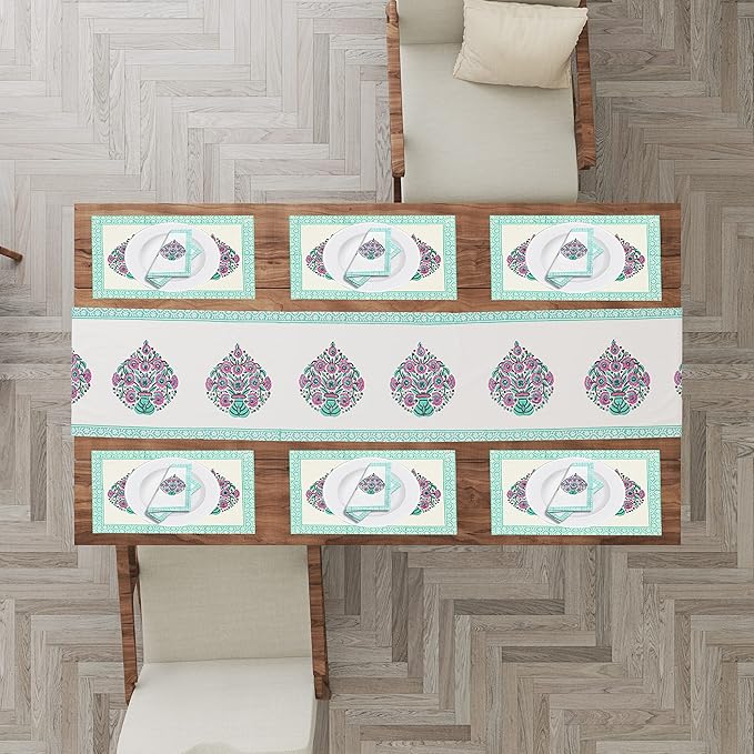 Blocks Of India Cotton Hand Block Printed Table Runner for Center Dining Table Runner Napkin Set 8