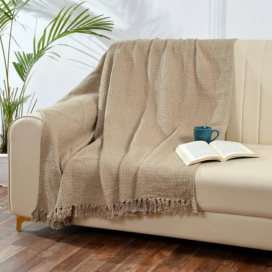 Sashaa World Weaved Beige Cotton Throw Colour Beige