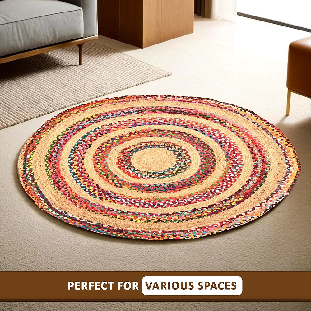 Kuber Industries Satranji Round Jute Rug & Carpet for Home & Bedroom Stripes Pink