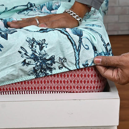 Divine Casa Floret 100% Cotton Double Fitted Bedsheet 144 TC Colour Winter Fern