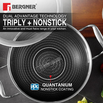 Bergner Hitech Triply Stainless Steel 26 Cm Kadai | Indian Wok With and Glass Lid