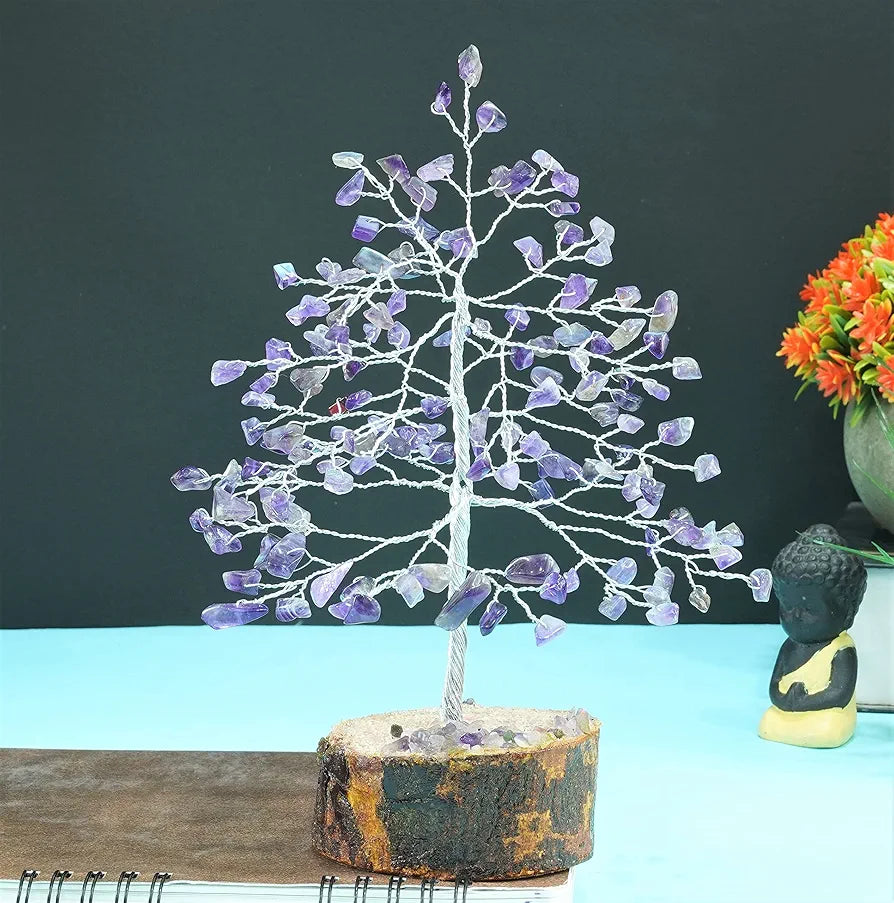 Crocon Amethyst Gemstone Money Tree Feng Shui Bonsai Silver Wire