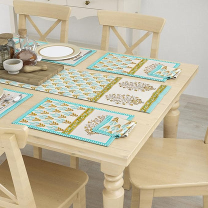 Blocks Of India Hand Block Printed Cotton Table Runner Mat and Napkin Grey Jaal