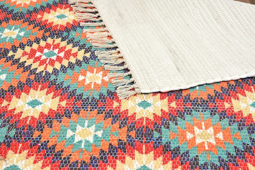 Homadorn Handmade Sustainable Printed Modern Dhurrie/Rugs/Carpet Colour Green