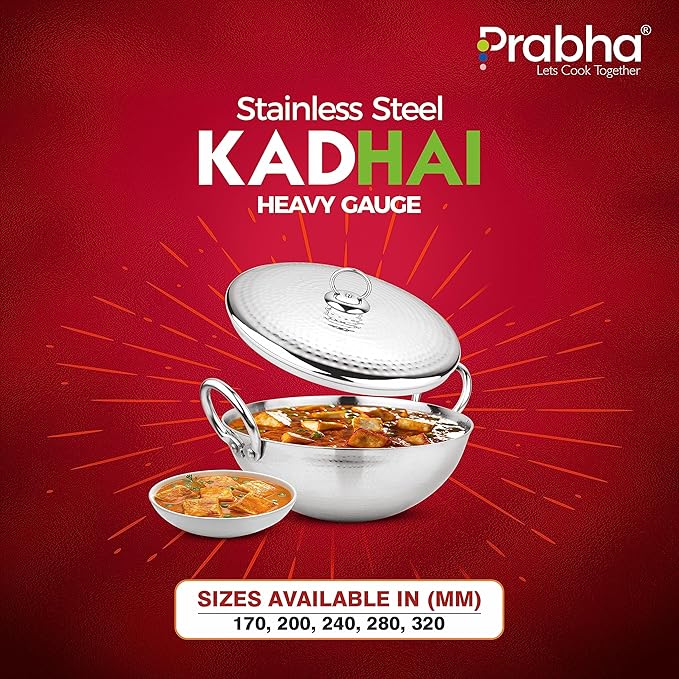 Prabha Stainless Steel 2.1 Litre Deep Pro Light Weight Hammered Kadhai with Lid, 24 cm 1387 gms