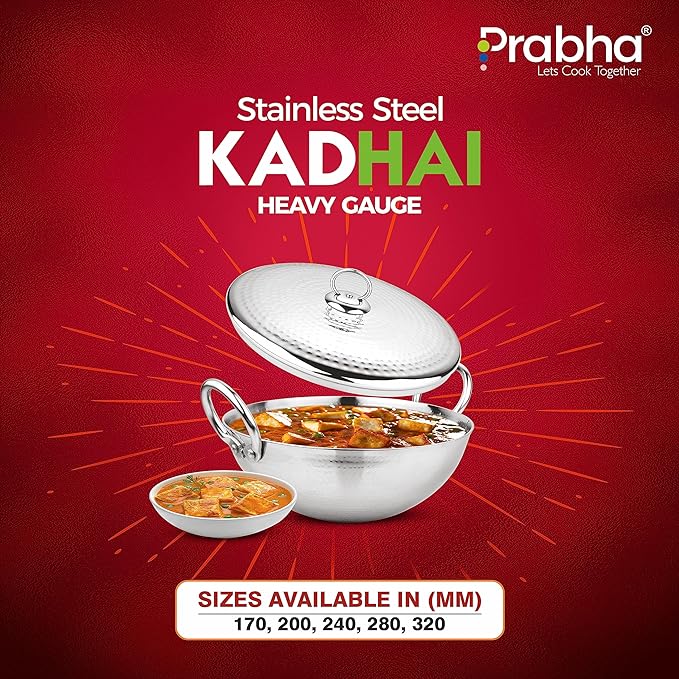 Prabha Stainless Steel Heavy Gauge Hammered Finish Kadhai with Lid, 1.0 L Size 170 mm