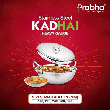 Prabha Stainless Steel Heavy Gauge Hammered Finish Kadhai with Lid, 1.0 L Size 170 mm