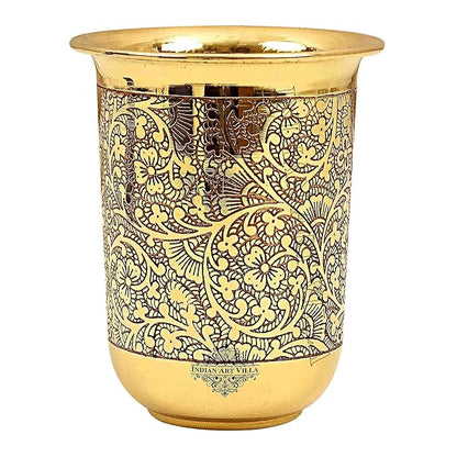 Indian Art Villa Pure Brass Glass Tumbler With Floral Vines Design - 82 gms