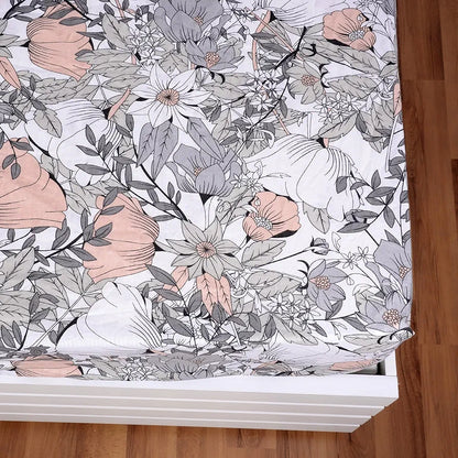 Divine Casa 144 TC Floral Grey 100% Cotton Elastic Fitted Bedsheets King Size with 2 Pillow Covers Colour Griffin