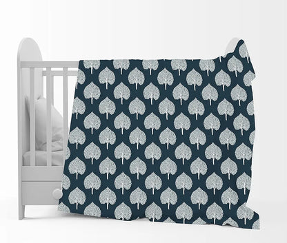 Divine Casa 120 GSM Microfiber Single Kids Dohar Soft & Lightweight Throw Blanket Tree Motif Pattern Colour Navy Blue & White