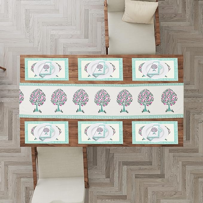 Blocks Of India Hand Block Printed Cotton Table Runner Mat and Napkin Anar Ka Ped