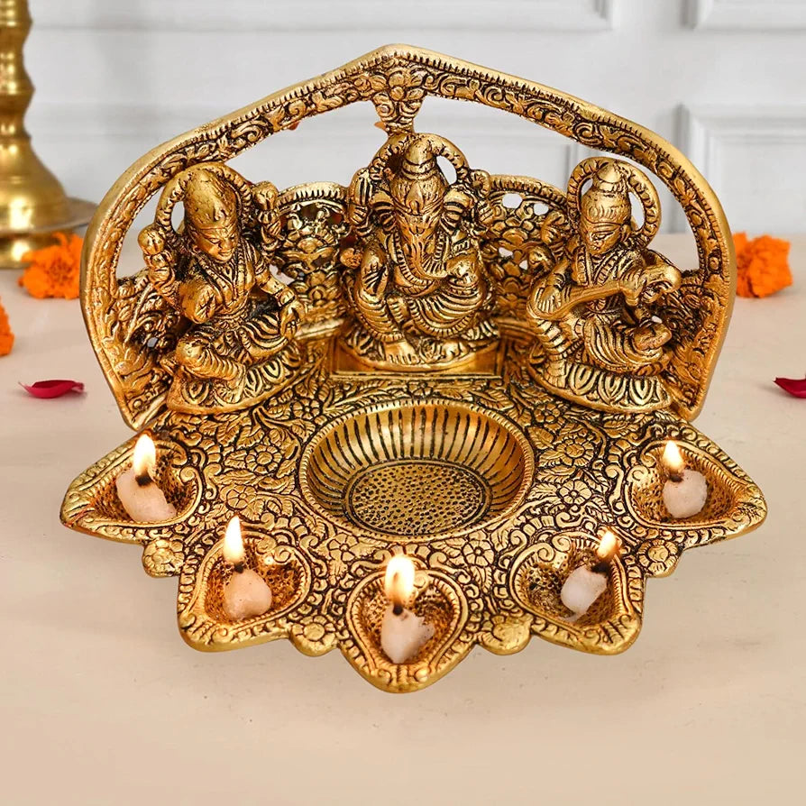 Chhariya Crafts Laxmi Ganesh Saraswati Idol with 5 Face Diya