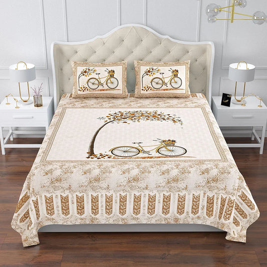 Kuber Industries Double Bedsheet with 2 Pillow Covers 160 TC Premium Cotton Photo Frame Cycle Brown