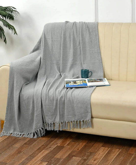 Sashaa World Solid Grey Cotton Throw Colour Light Grey
