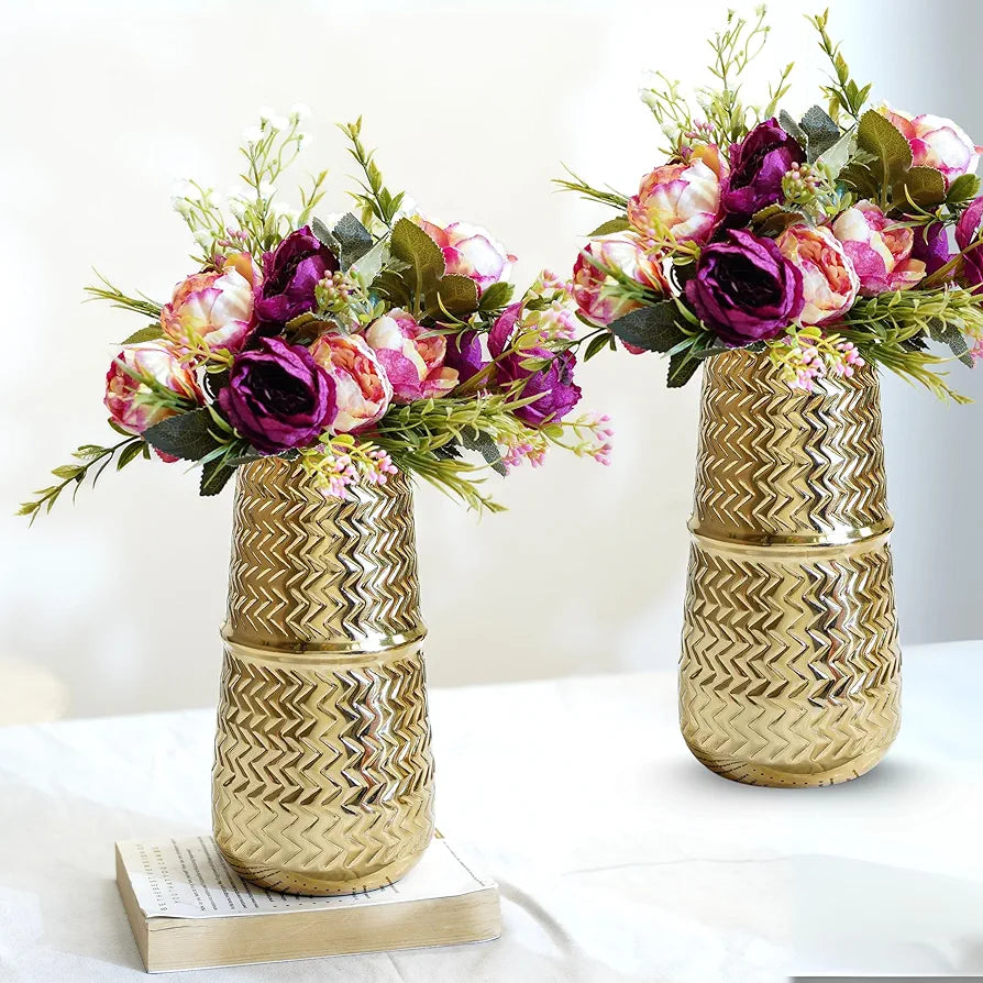 Behoma Metal Arrow Engrave Vase Golden Set of 2 Pcs Flowers not Included