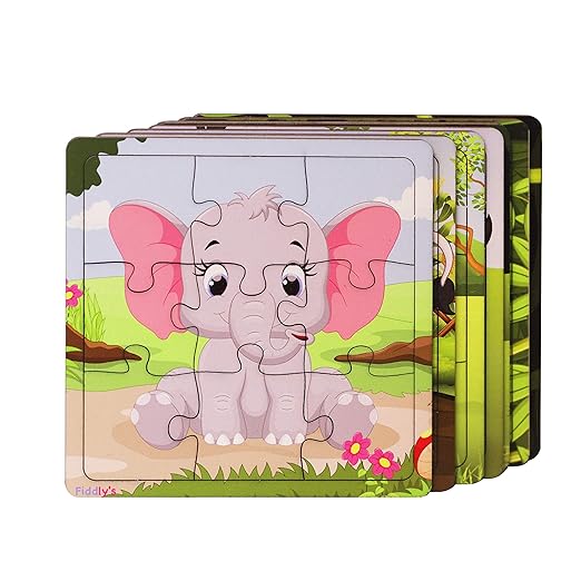 Fiddly's Wood Jigsaw Puzzles for Kids & Children | 9 Pieces | Pack of 12 | Animals+ Dinos+ Sea | Age 3+